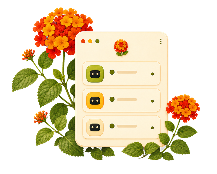 Illustration of the Blume app window listing three coding agents with status indicators, framed by flowers