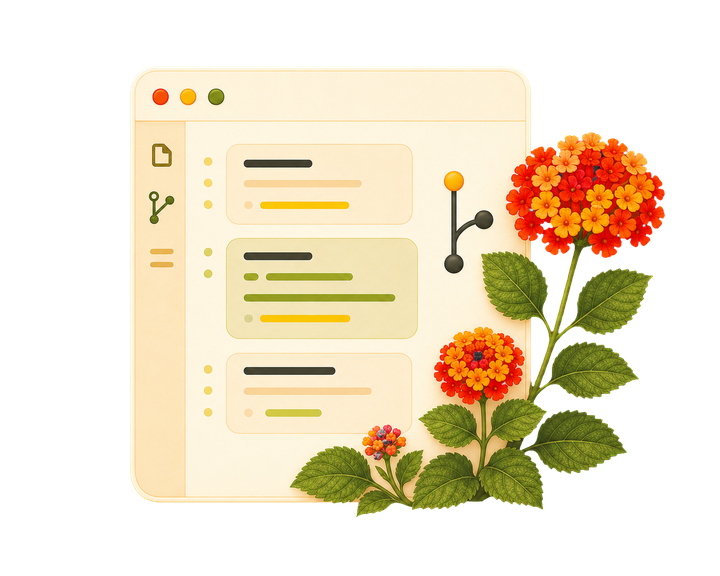 Illustration of a code editor showing agent config files and a git branch diagram